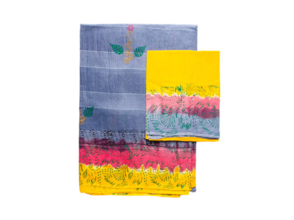 Net Cotton Dark Ash And Pink, Yellow Saree