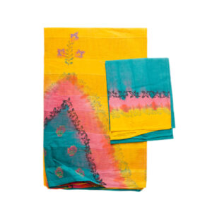 Net Cotton Yellow And Pink, C-Green Saree