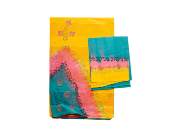 Net Cotton Yellow And Pink, C-Green Saree