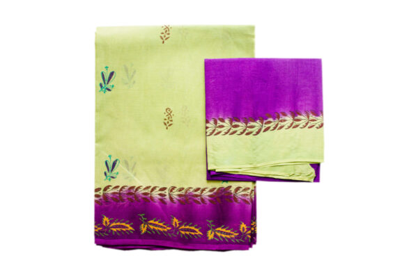 Super Net Pista Green And Violet Saree